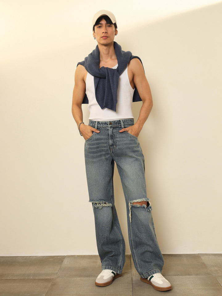 Men Light Blue Washed Distressed Relax Fit Jeans