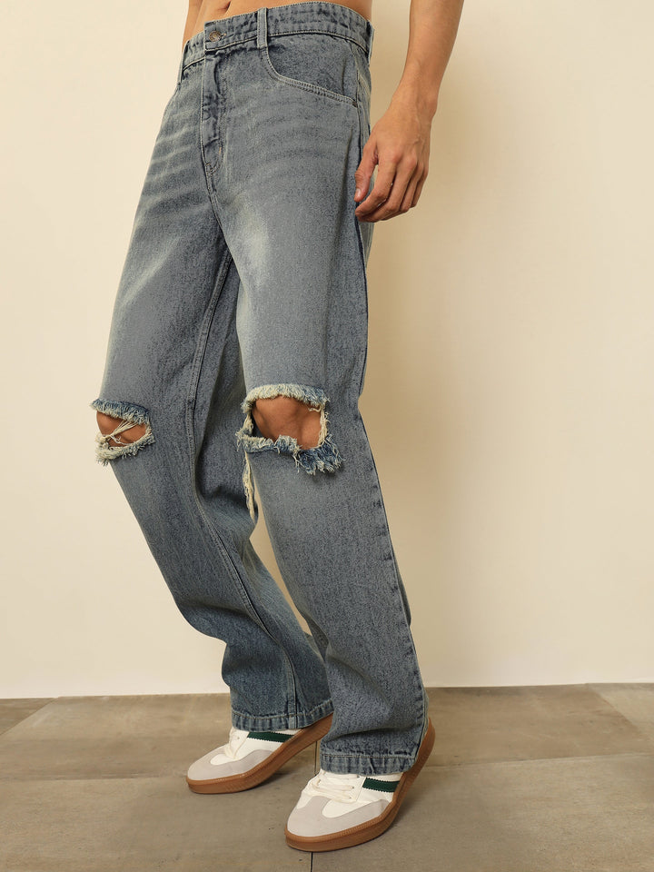 Men Light Blue Washed Distressed Relax Fit Jeans