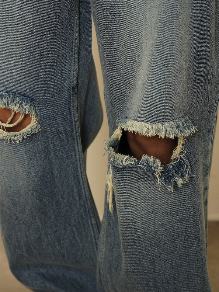 Men Light Blue Washed Distressed Relax Fit Jeans