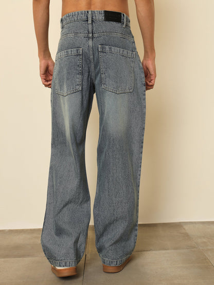 Men Light Blue Washed Distressed Relax Fit Jeans