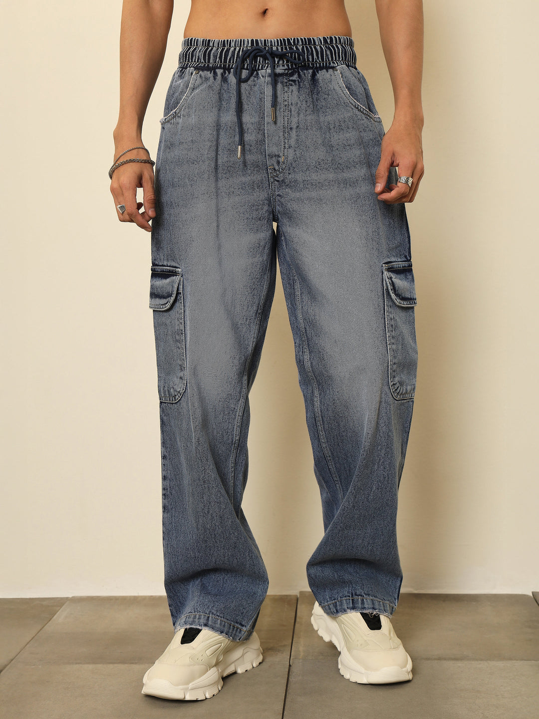 Men Basic Blue Cargo Pocket Relax Fit Jogger Jeans