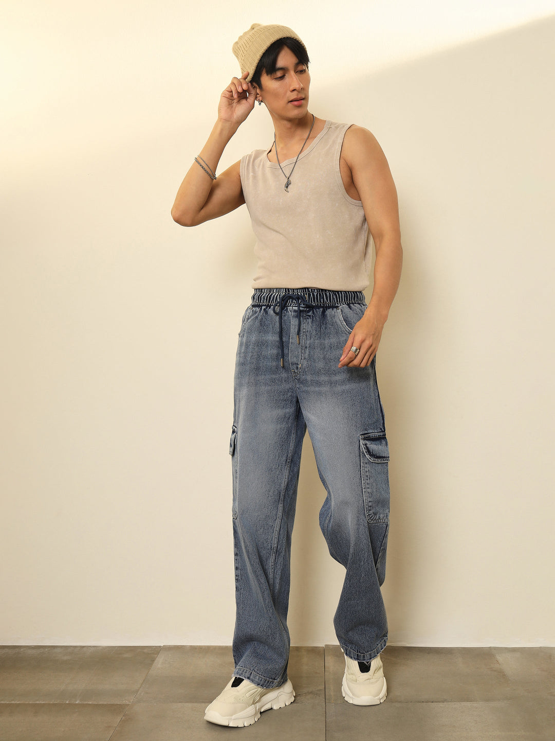 Men Basic Blue Cargo Pocket Relax Fit Jogger Jeans
