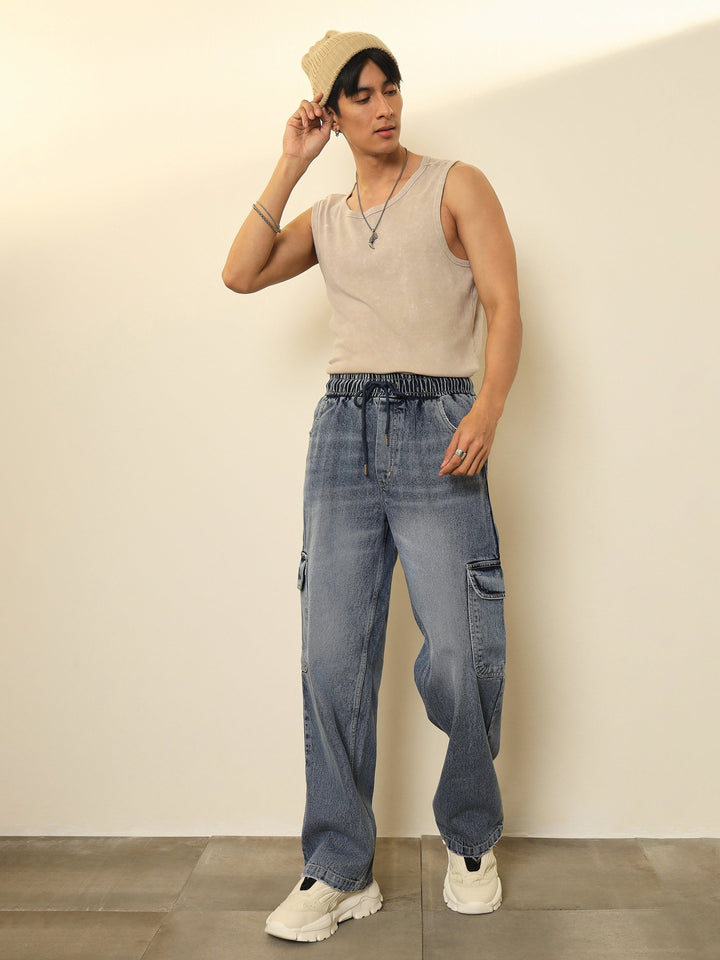 Men Basic Blue Cargo Pocket Relax Fit Jogger Jeans