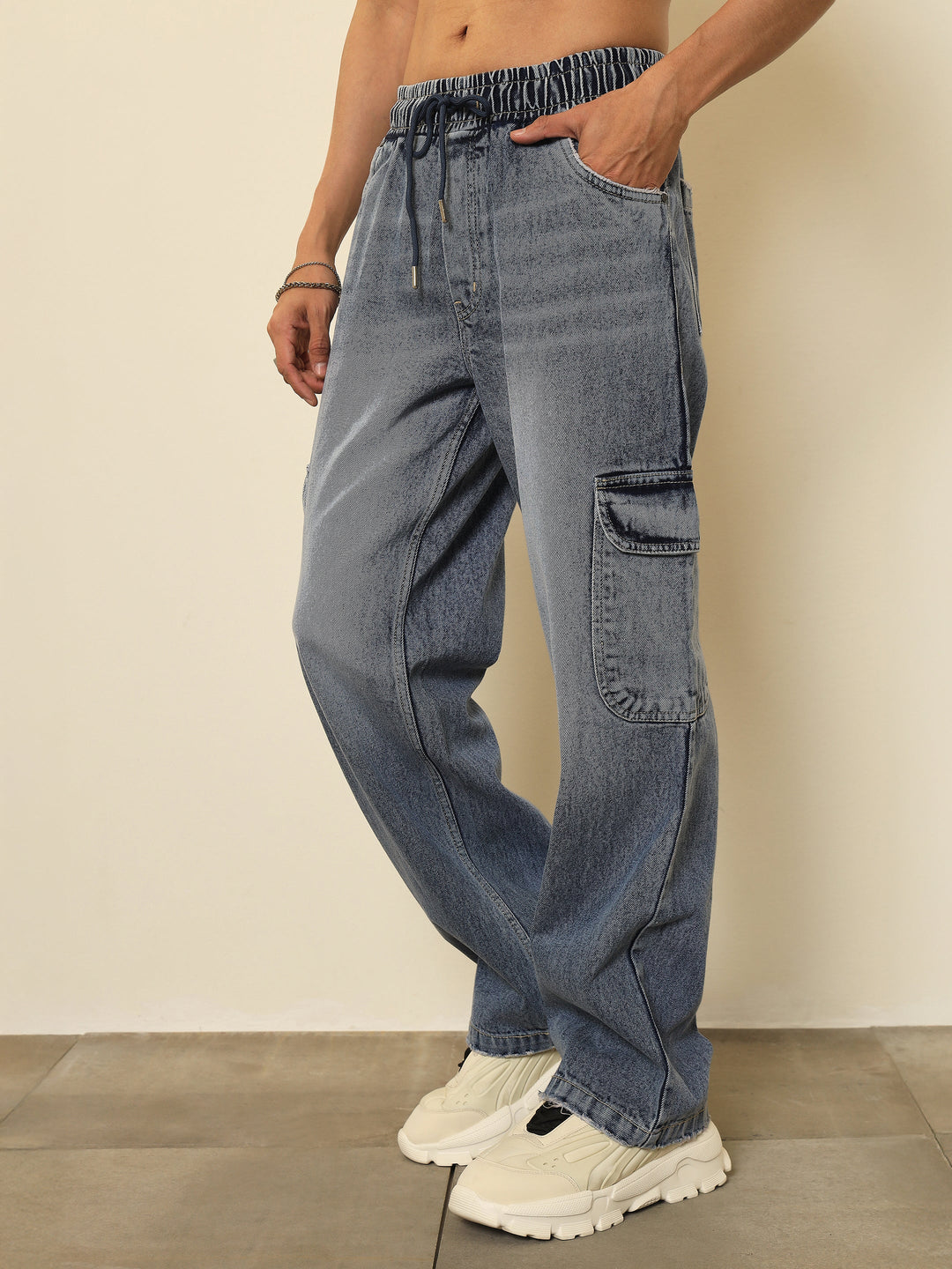 Men Basic Blue Cargo Pocket Relax Fit Jogger Jeans