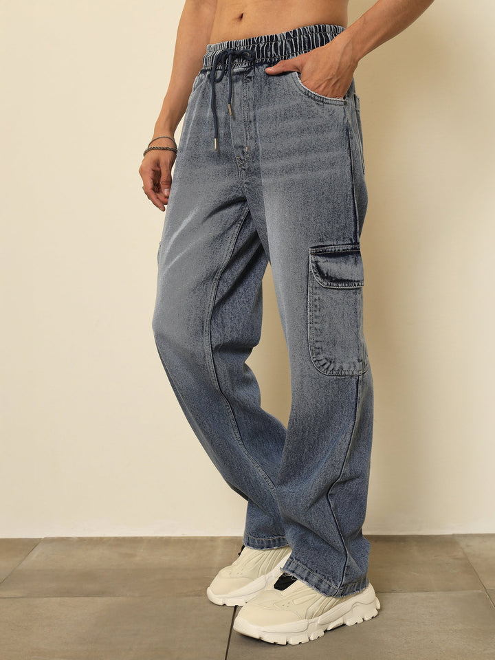 Men Basic Blue Cargo Pocket Relax Fit Jogger Jeans