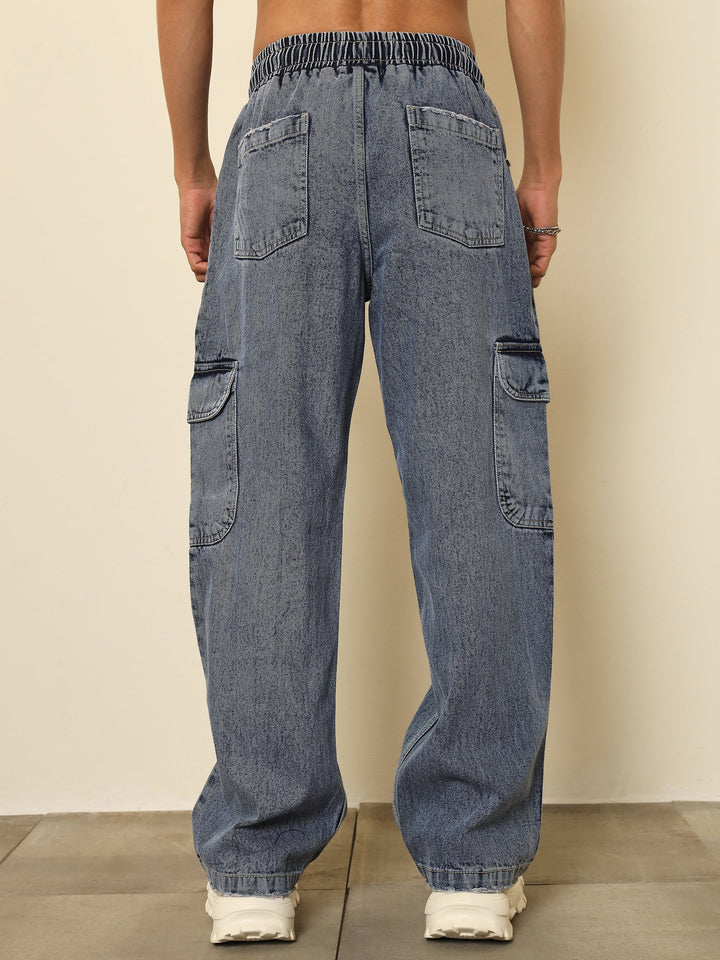 Men Basic Blue Cargo Pocket Relax Fit Jogger Jeans