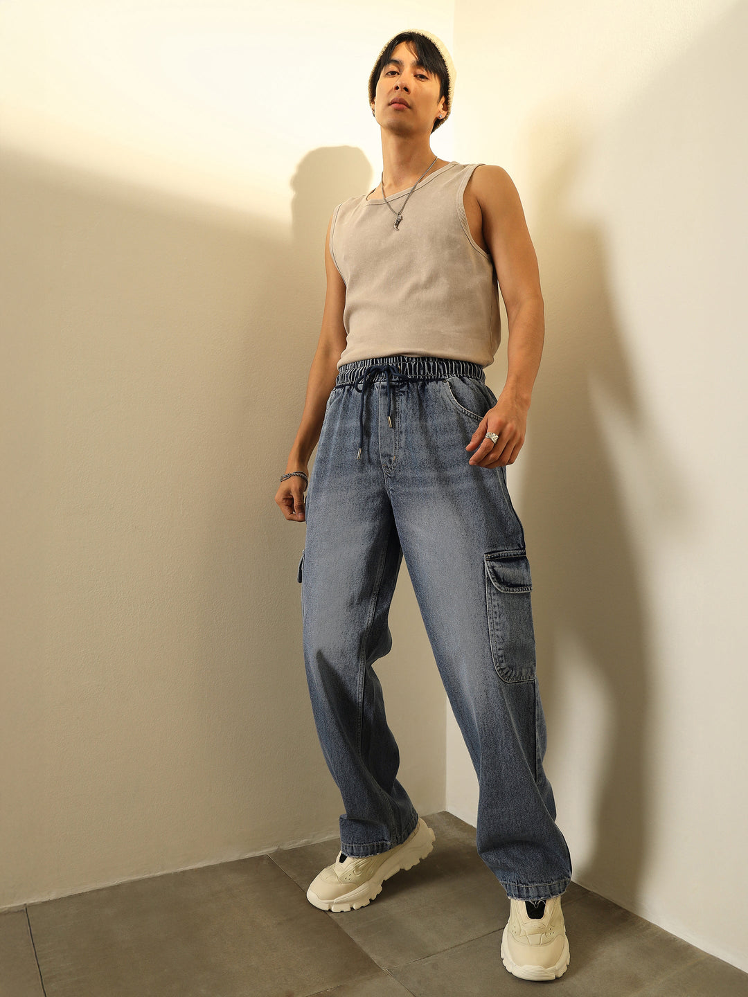 Men Basic Blue Cargo Pocket Relax Fit Jogger Jeans