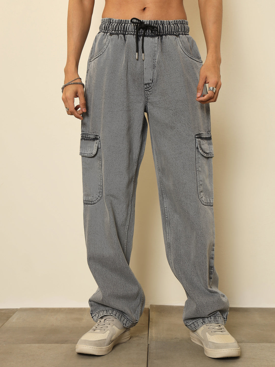 Men Grey Cargo Pocket Relax Fit Jogger Jeans