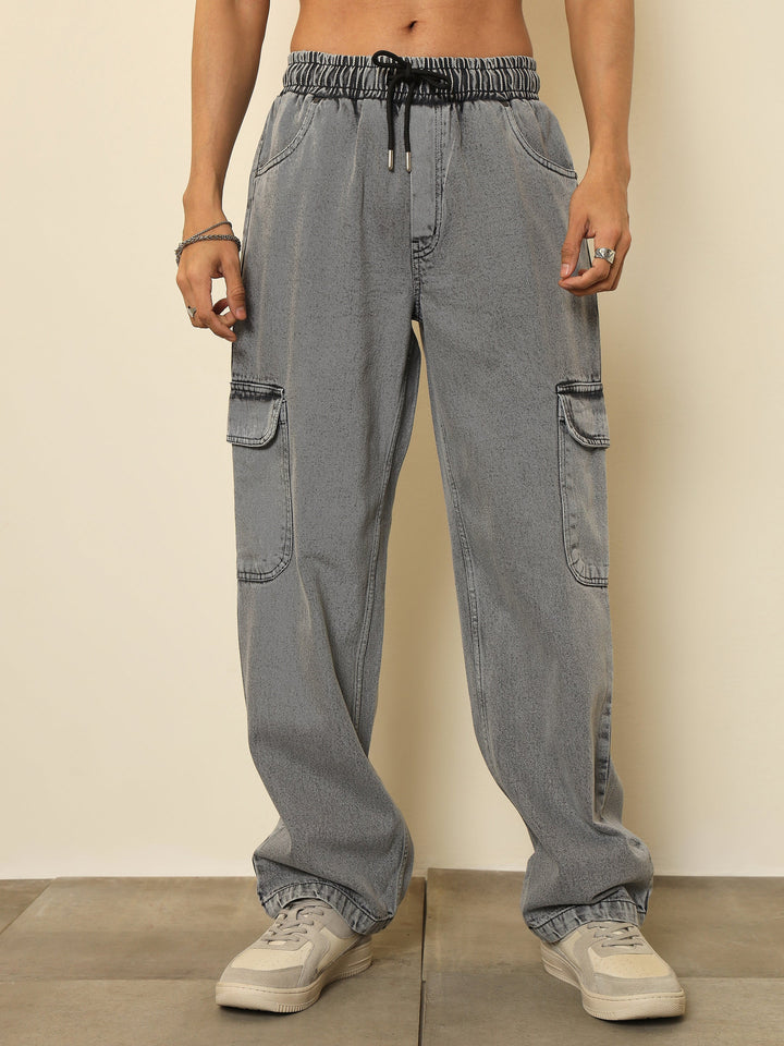 Men Grey Cargo Pocket Relax Fit Jogger Jeans