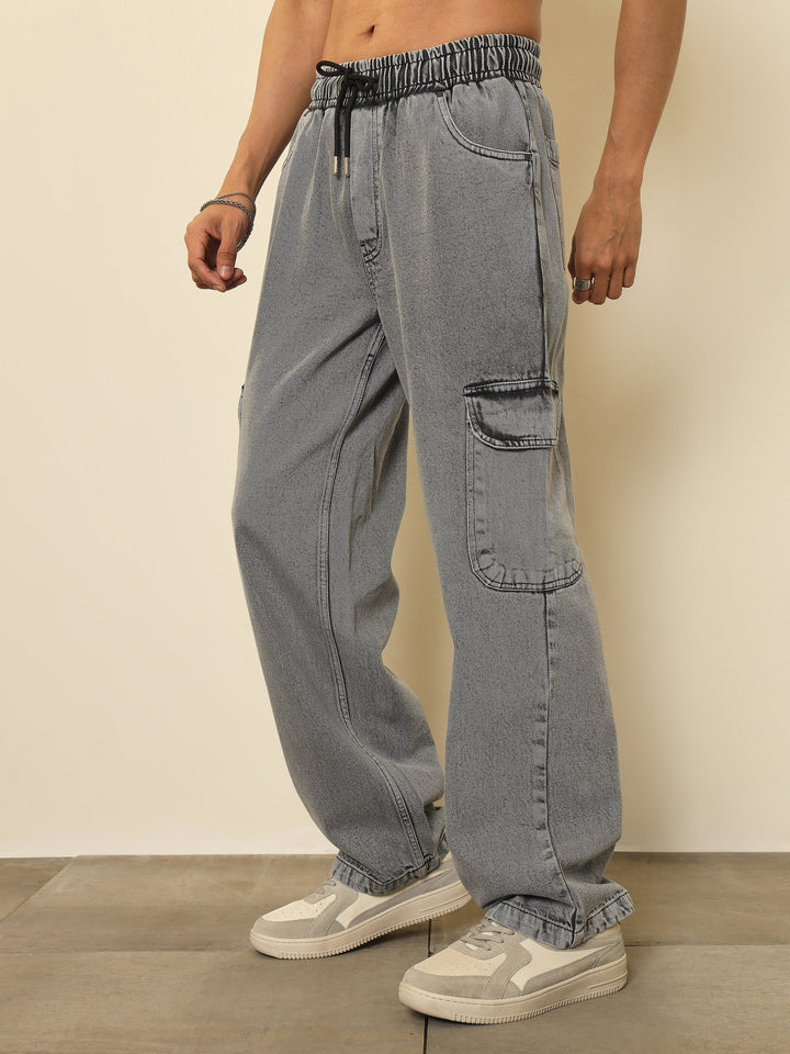 Men Grey Cargo Pocket Relax Fit Jogger Jeans