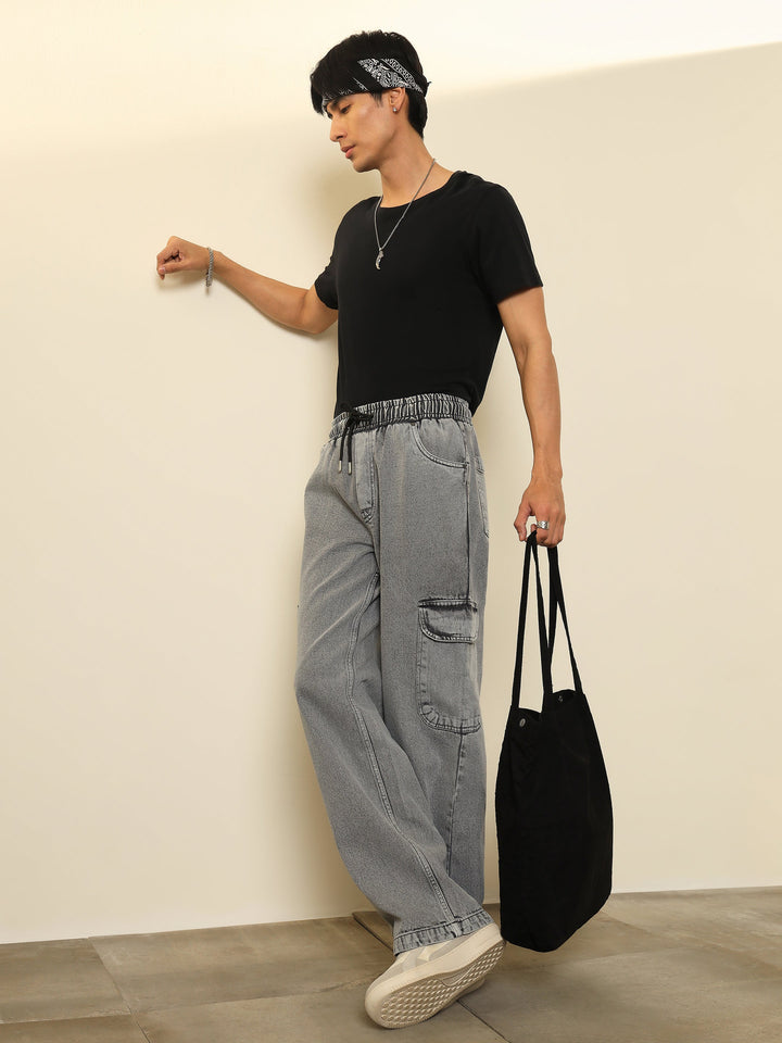 Men Grey Cargo Pocket Relax Fit Jogger Jeans