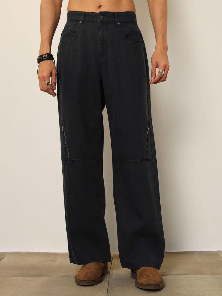 Men Grey Side Zipper Relax Fit Jeans