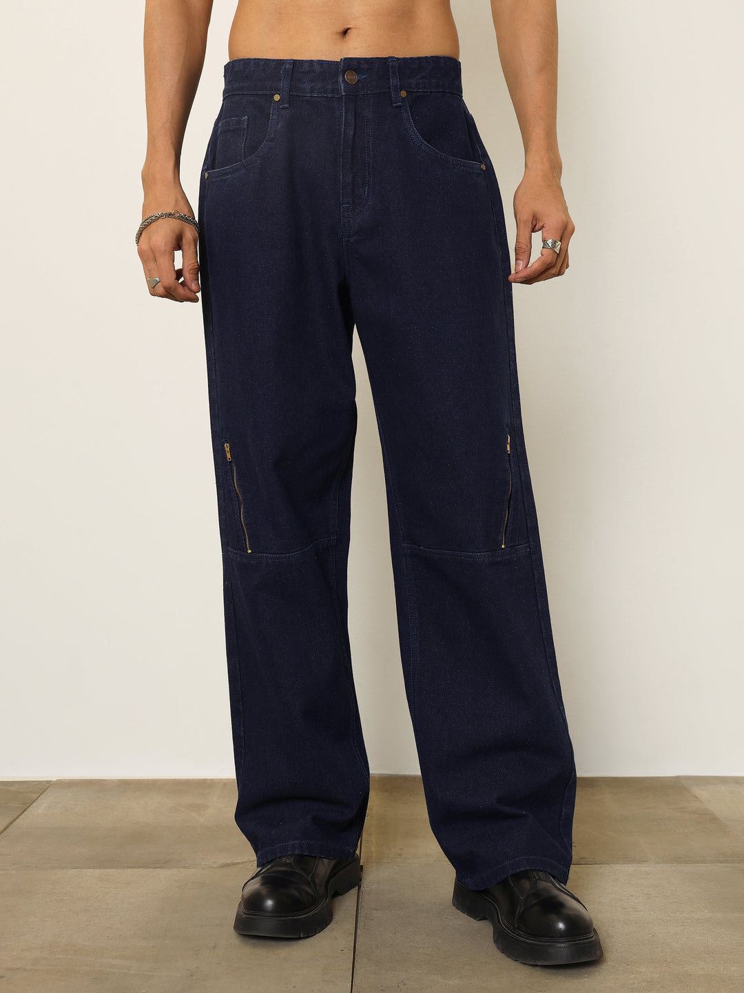Men Navy Blue Side Zipper Relax Fit Jeans