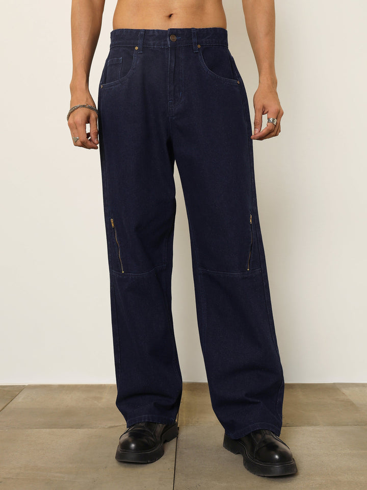Men Navy Blue Side Zipper Relax Fit Jeans