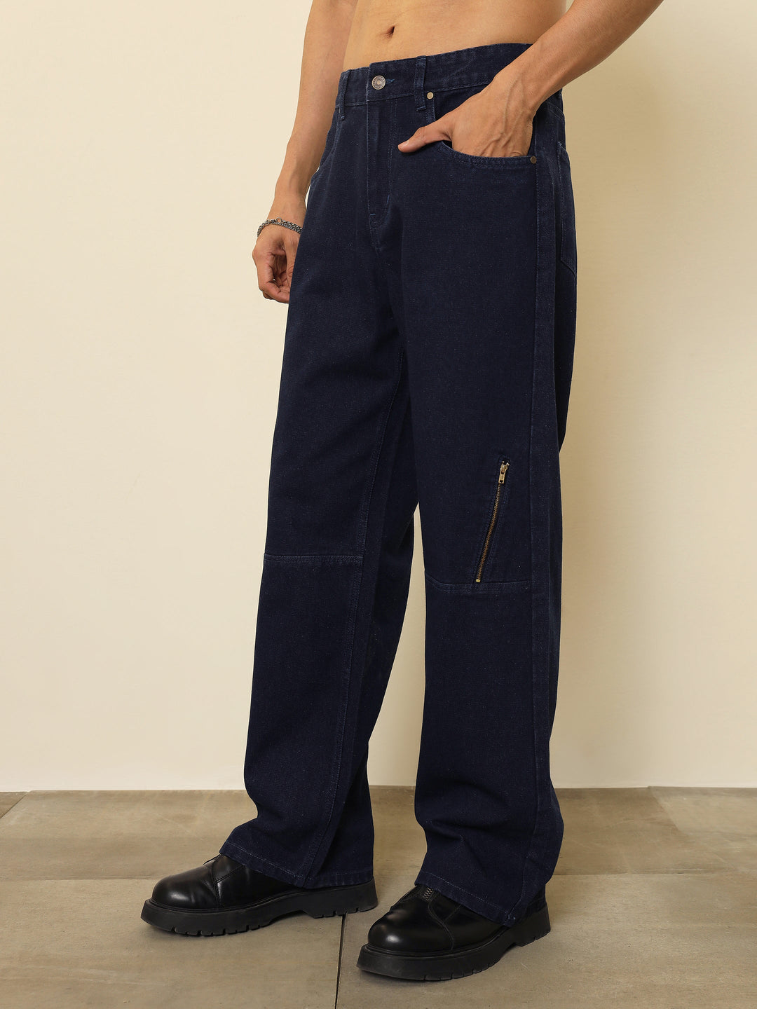 Men Navy Blue Side Zipper Relax Fit Jeans