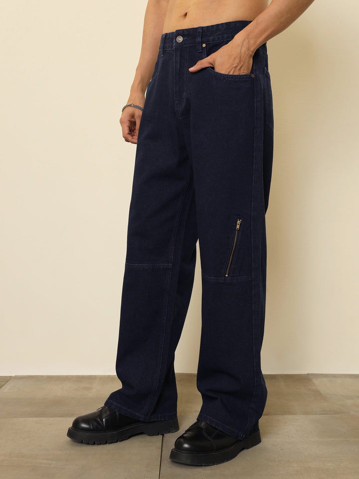 Men Navy Blue Side Zipper Relax Fit Jeans