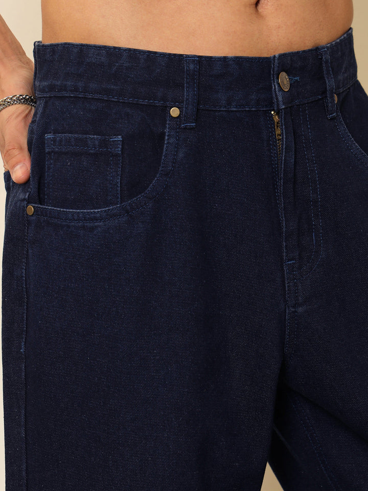 Men Navy Blue Side Zipper Relax Fit Jeans