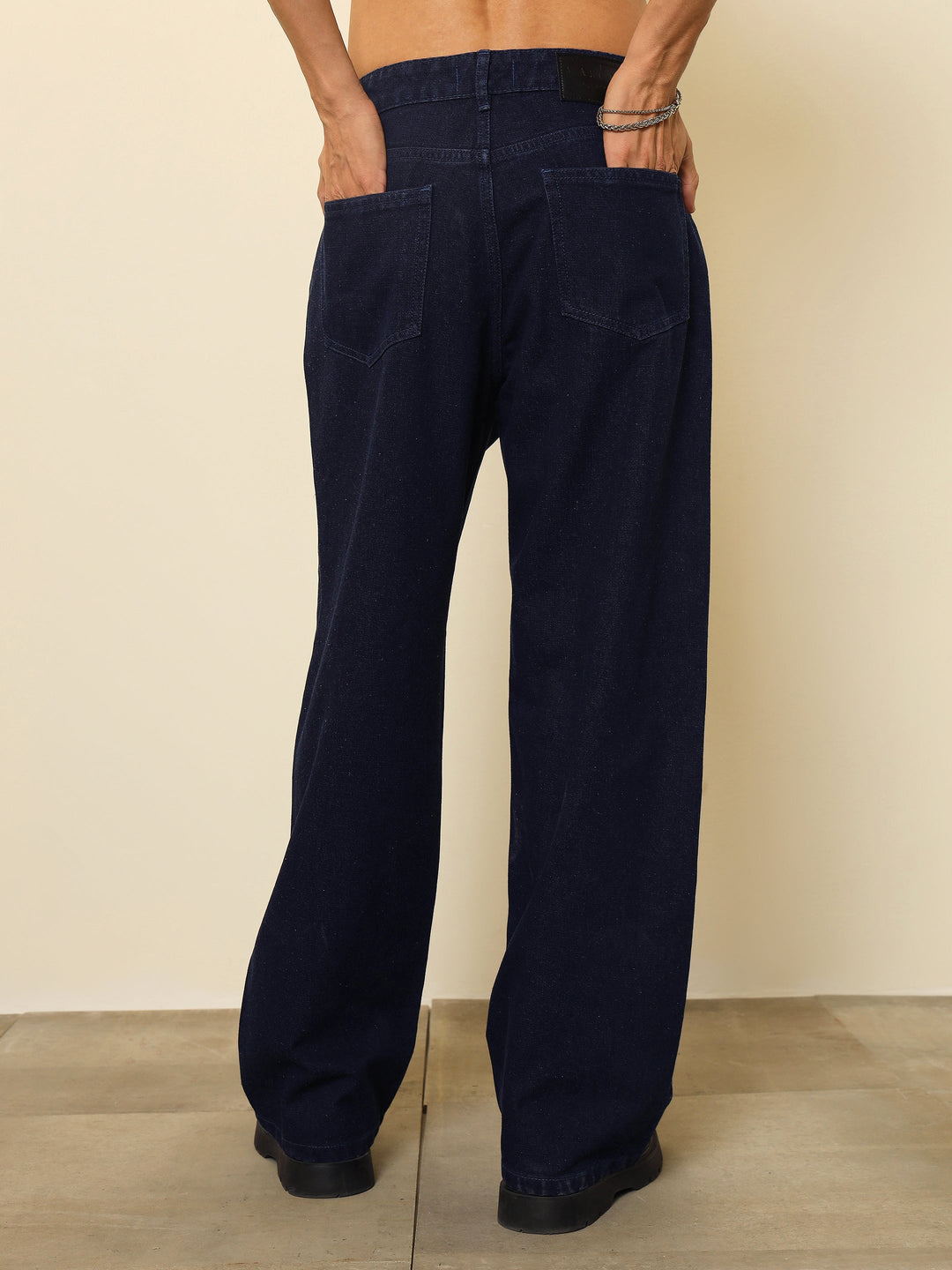 Men Navy Blue Side Zipper Relax Fit Jeans