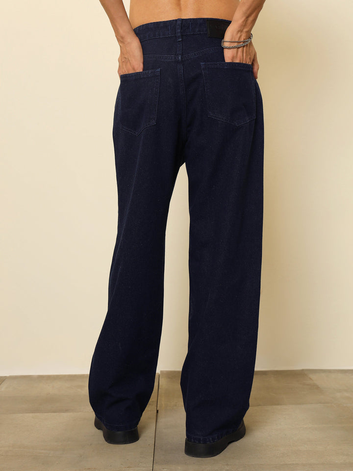 Men Navy Blue Side Zipper Relax Fit Jeans