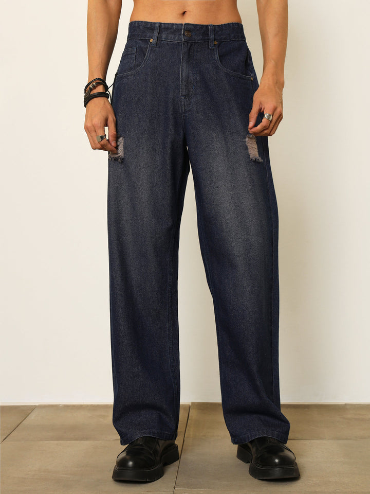Men Navy Blue Washed Front Distressed Relax Fit Jeans