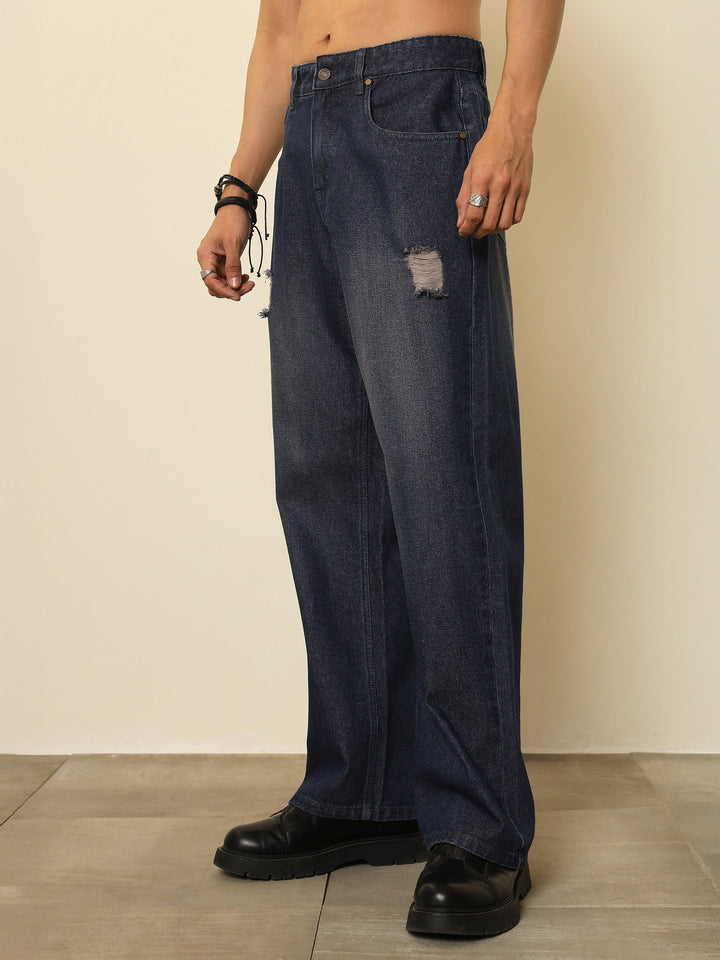 Men Navy Blue Washed Front Distressed Relax Fit Jeans