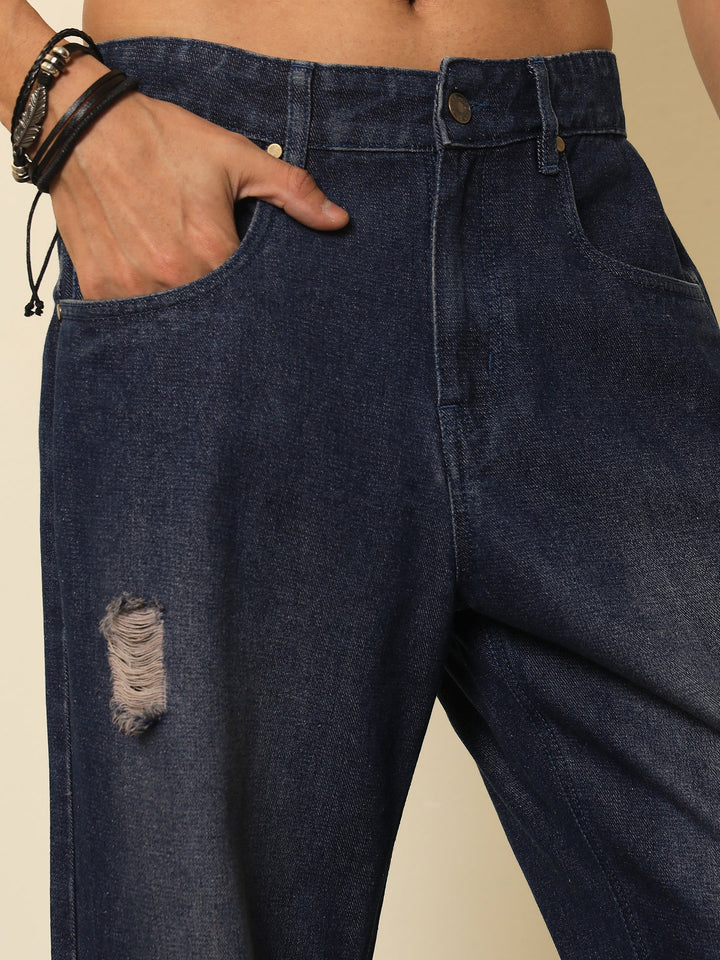 Men Navy Blue Washed Front Distressed Relax Fit Jeans