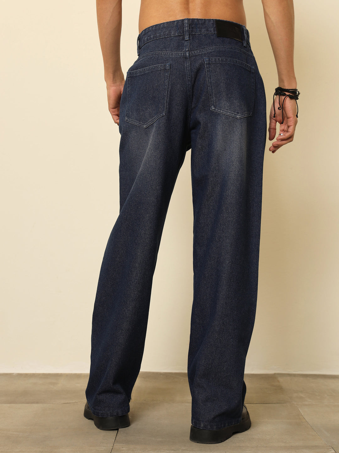 Men Navy Blue Washed Front Distressed Relax Fit Jeans