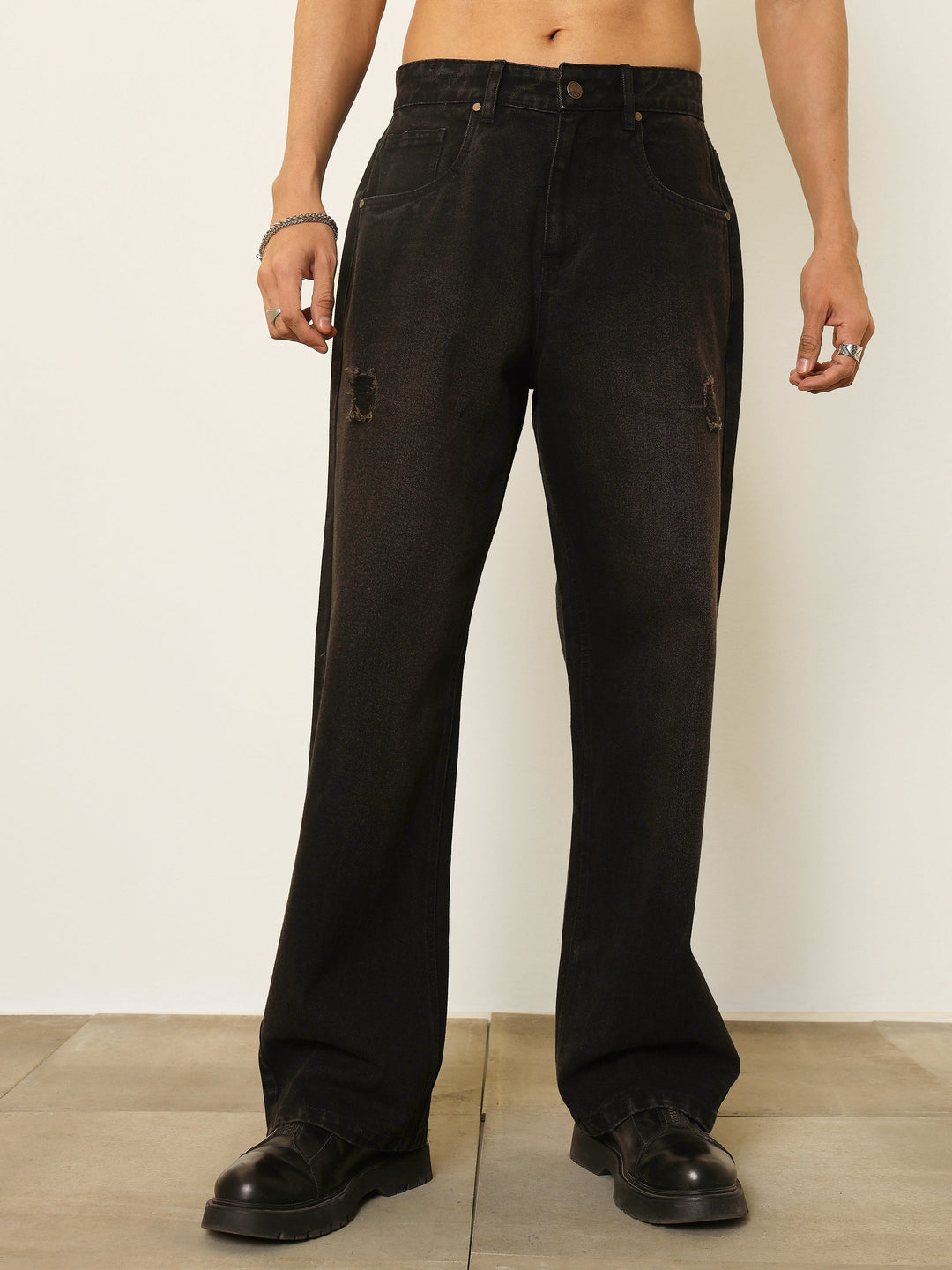 Men Black Washed Front Distressed Relax Fit Jeans