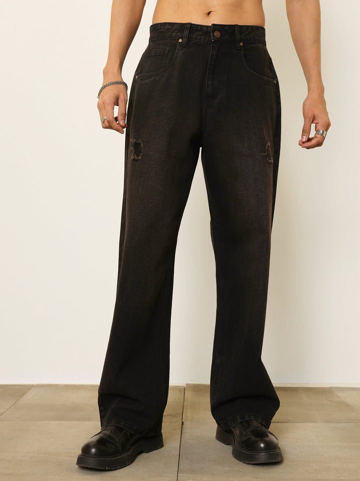 Men Black Washed Front Distressed Relax Fit Jeans