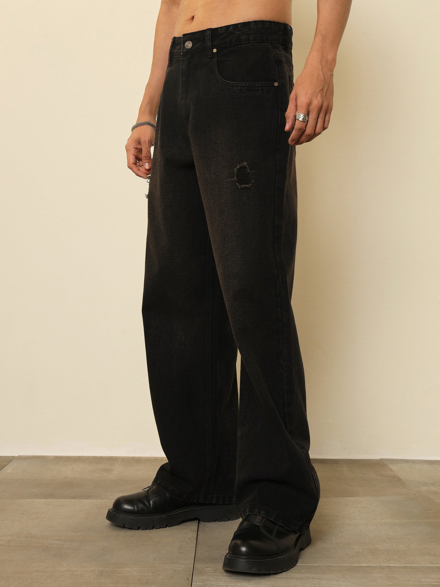 Men Black Washed Front Distressed Relax Fit Jeans