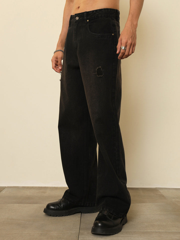 Men Black Washed Front Distressed Relax Fit Jeans