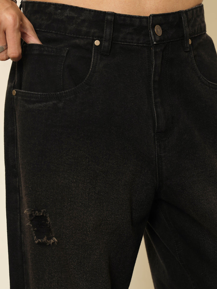 Men Black Washed Front Distressed Relax Fit Jeans