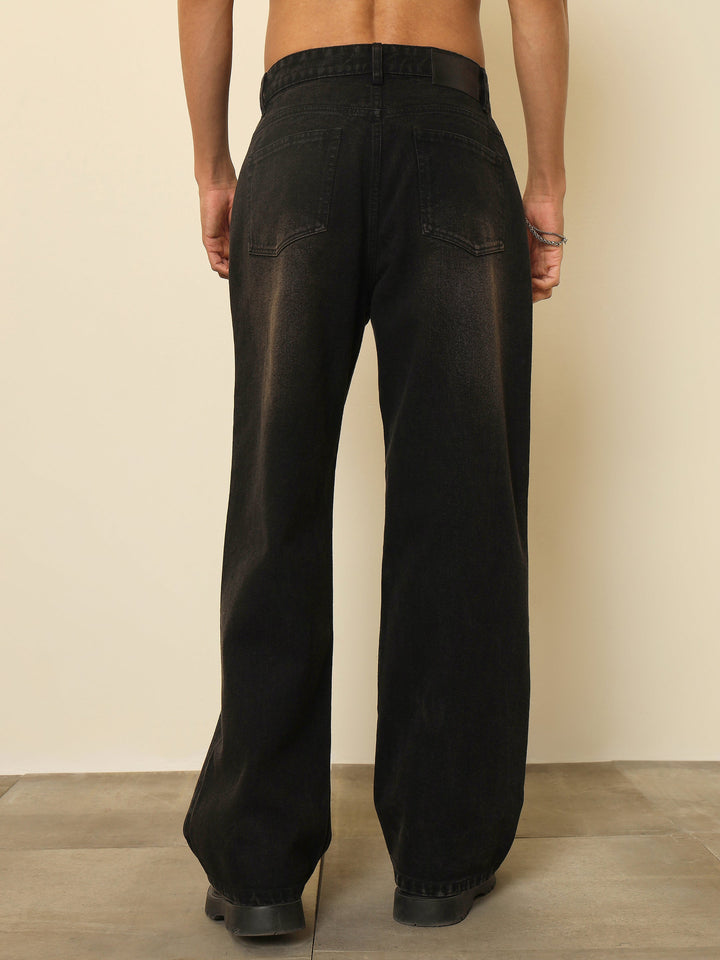Men Black Washed Front Distressed Relax Fit Jeans