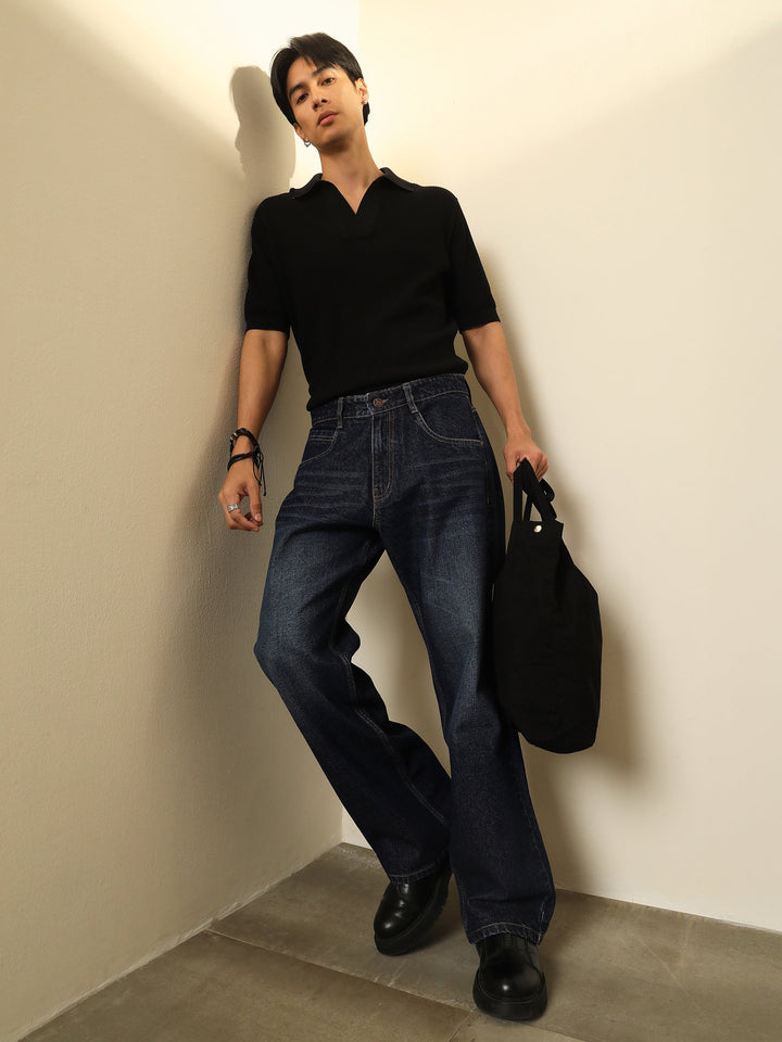 Men Blue Whisker Wash Relax Fit Jeans