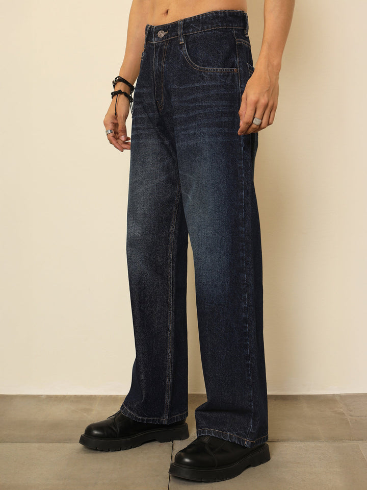 Men Blue Whisker Wash Relax Fit Jeans