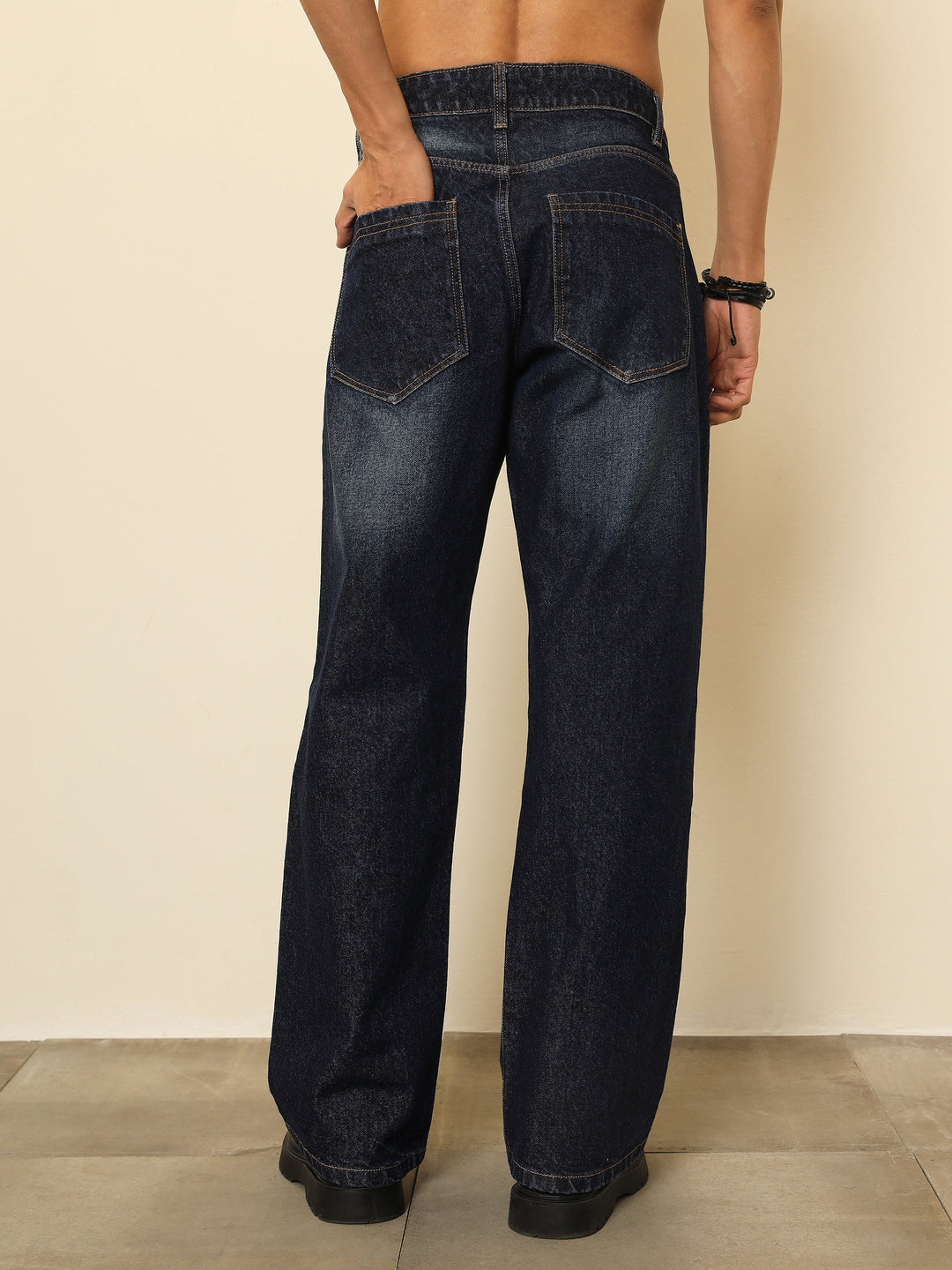 Men Blue Whisker Wash Relax Fit Jeans