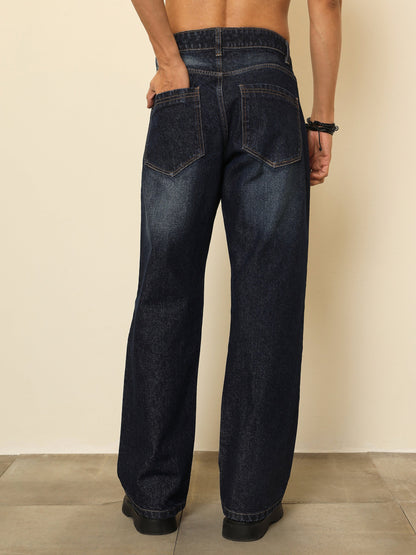 Men Blue Whisker Wash Relax Fit Jeans