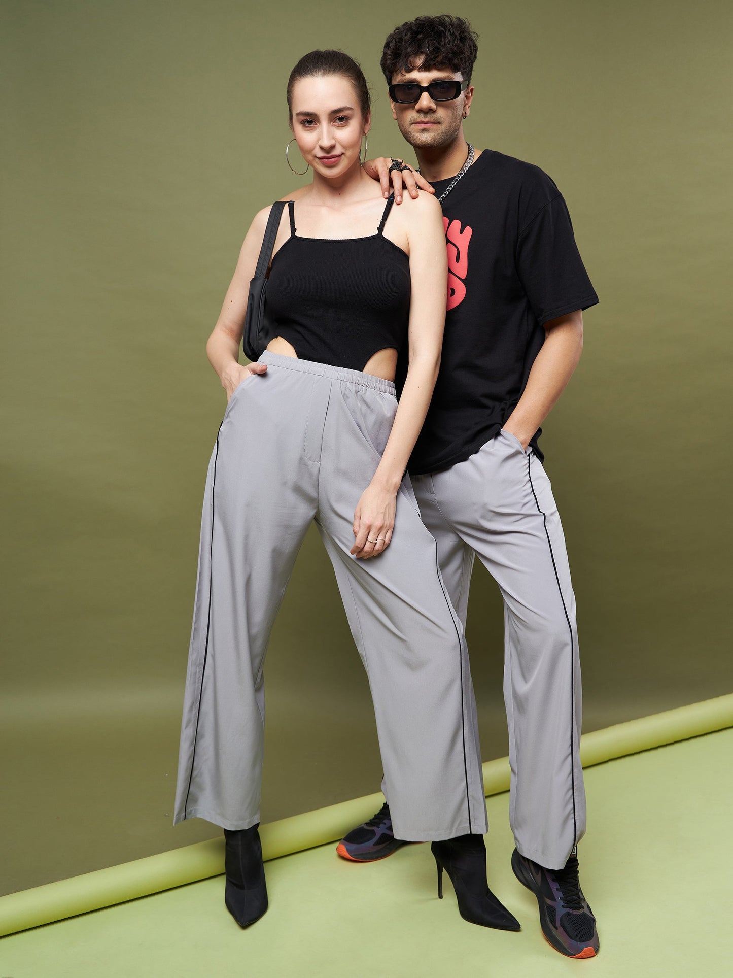 Unisex Grey Piping Parachute Track Pants