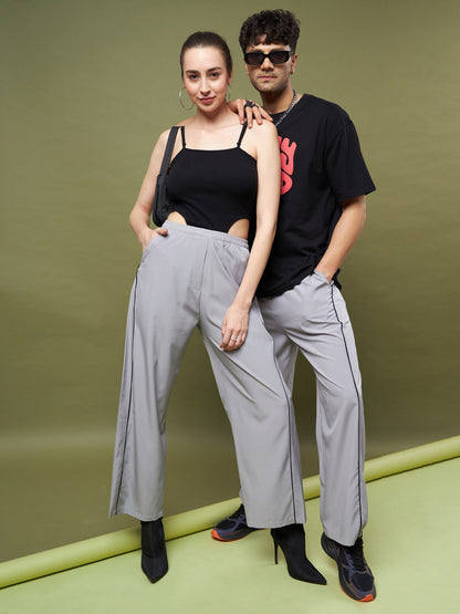 Unisex Grey Piping Parachute Track Pants