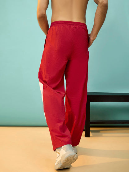 Men Red & White Colorblock Parachute Pants