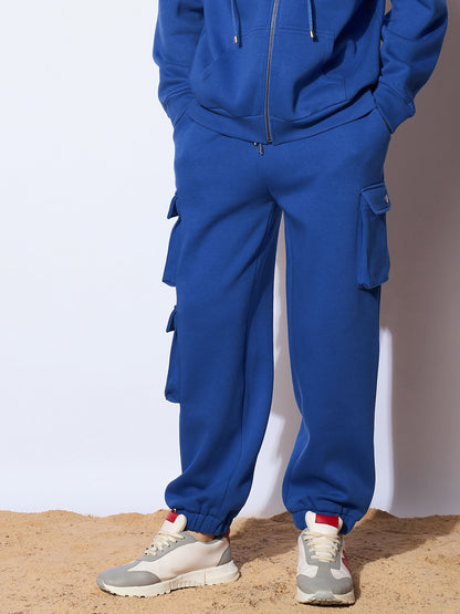 Men Blue Utility Pockets Oversized Joggers