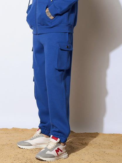 Men Blue Utility Pockets Oversized Joggers