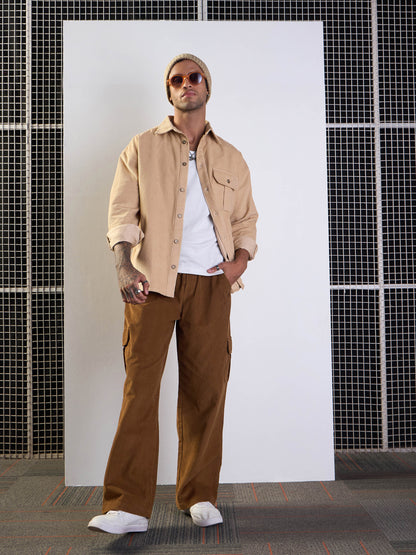 Men Brown Corduroy Side Pocket Cargo Pants