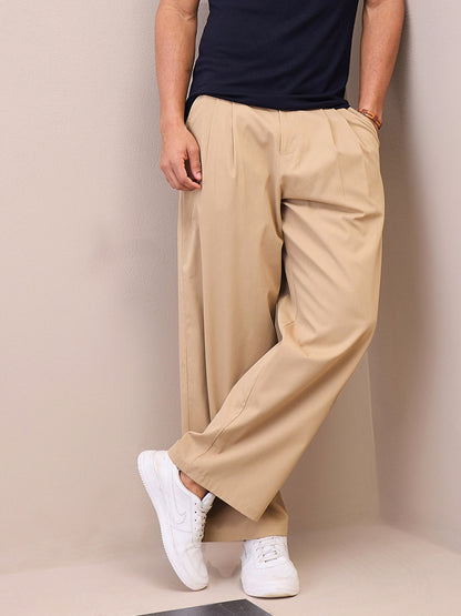 Men Beige Front Pleated Korean Pants