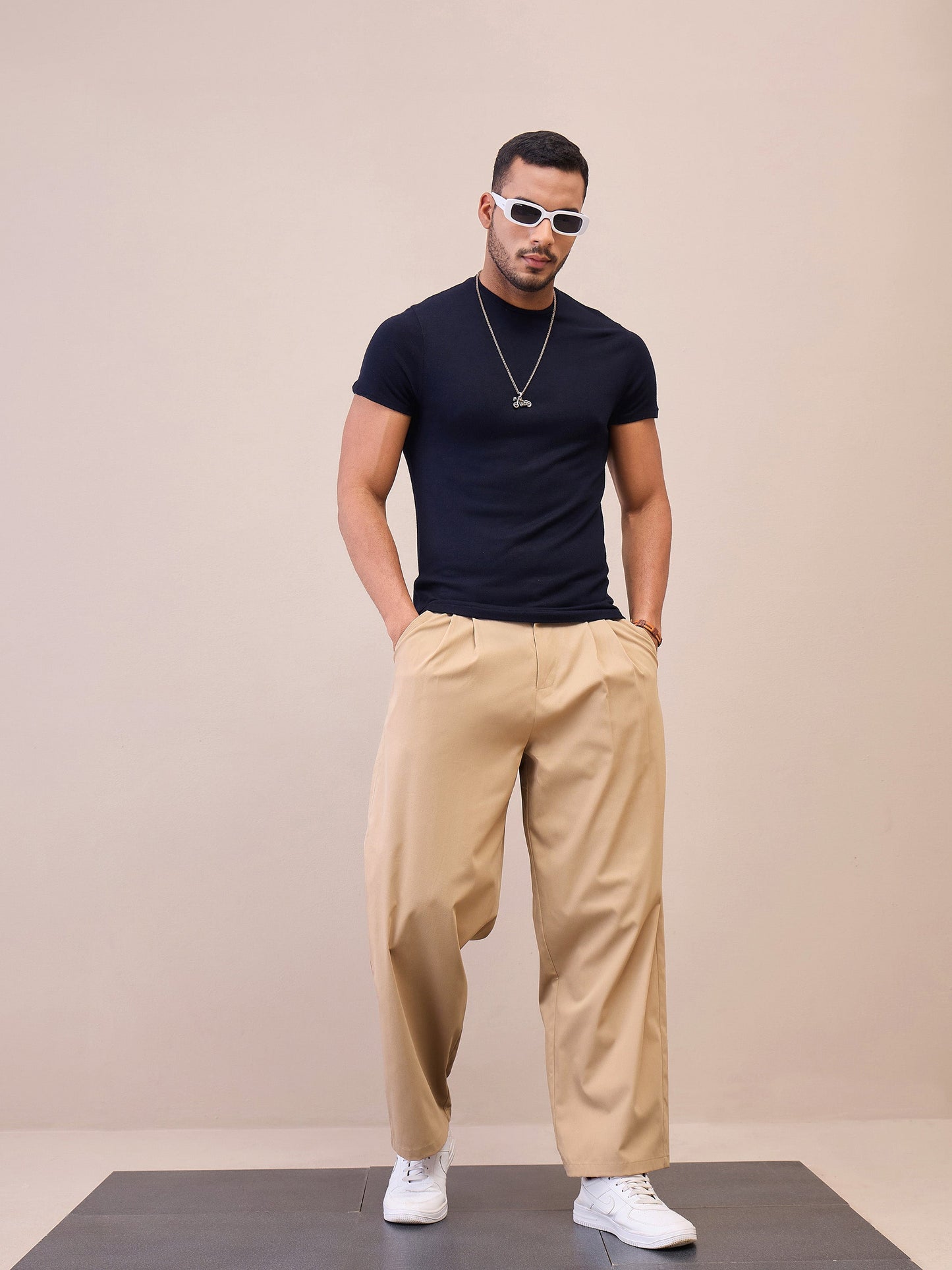 Men Beige Front Pleated Korean Pants