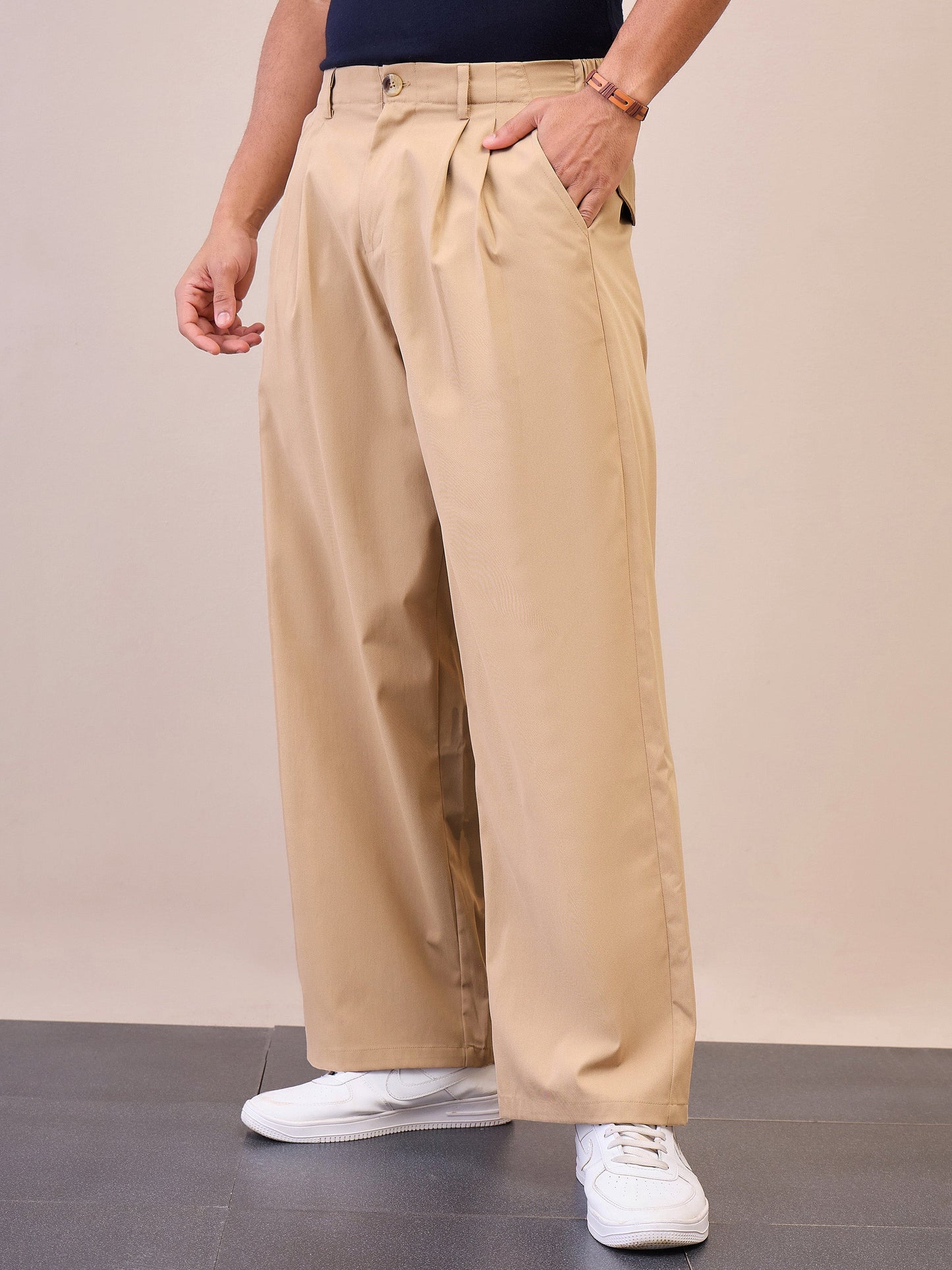 Men Beige Front Pleated Korean Pants