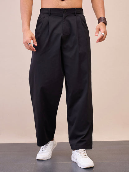 Men Black Front Pleated Korean Pants