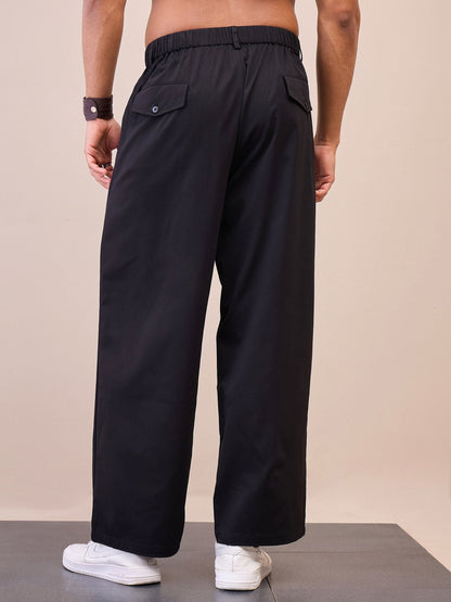 Men Black Front Pleated Korean Pants