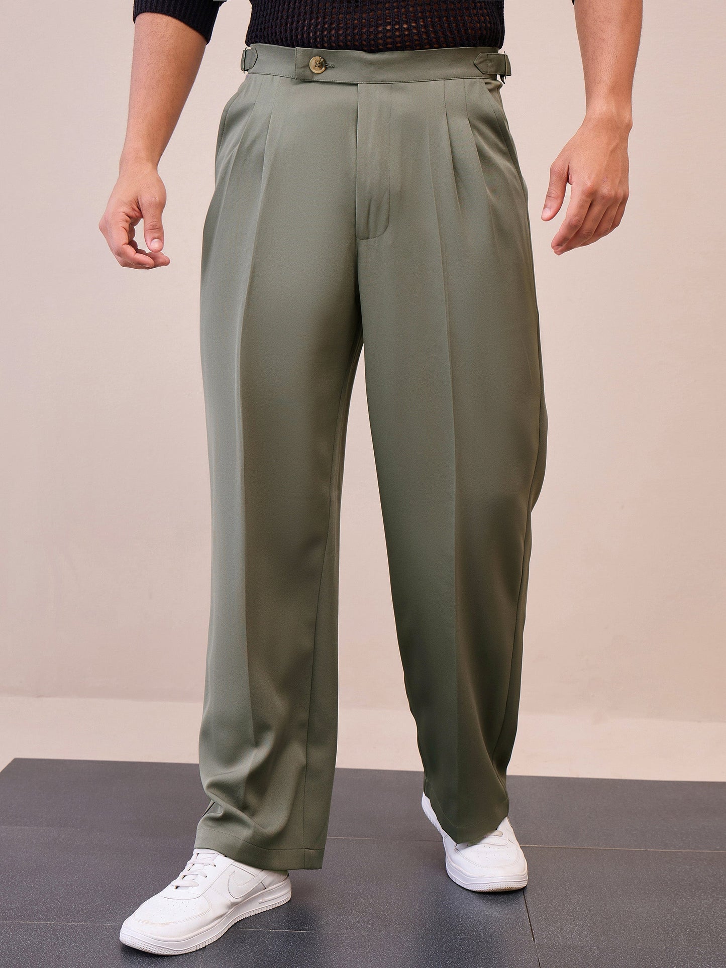 Men Green Korean Relax Fit Trousers