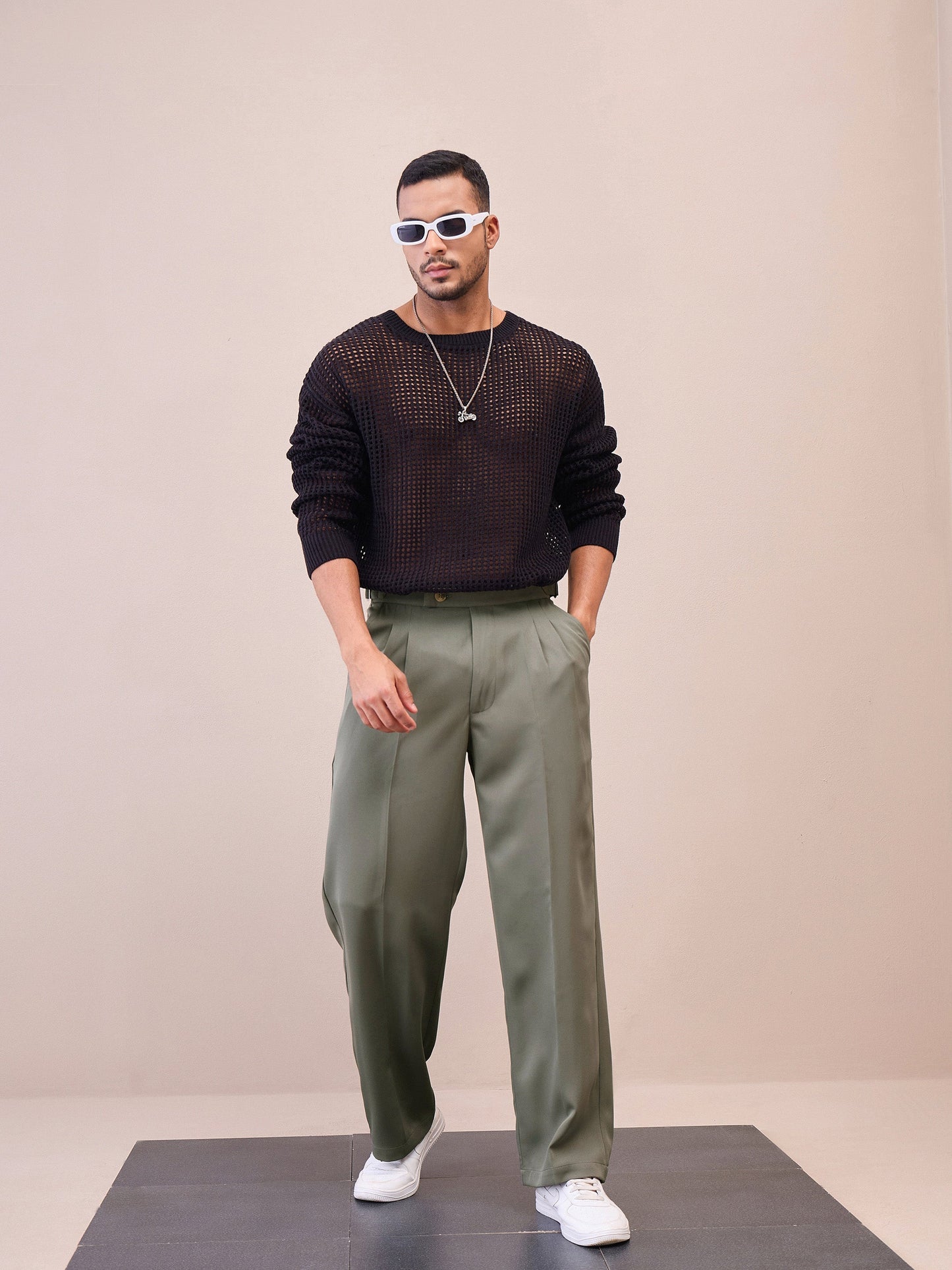 Men Green Korean Relax Fit Trousers